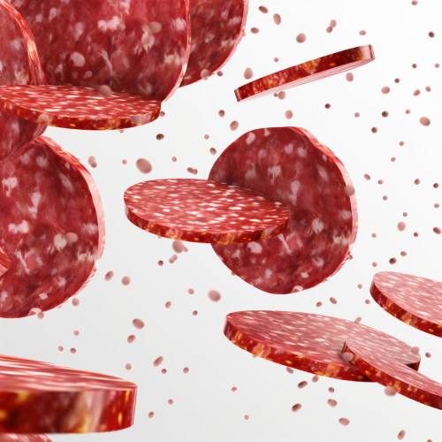 Salami slices flying through the air Salami slices flying through the air