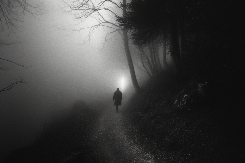 Foggy forest path with lone figure Foggy forest path with lone figure