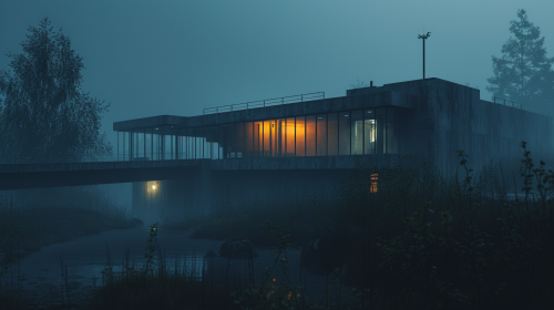 Foggy night architectural structure in cinema4D rendering