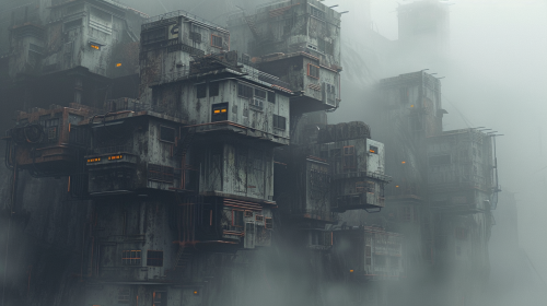 Rowhomes in foggy cyberpunk city