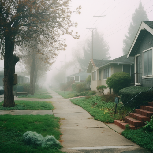 Vintage neighborhood covered in fog