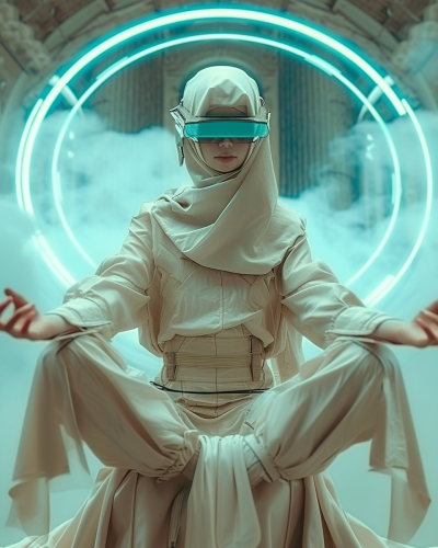 Android meditating in futuristic cathedral