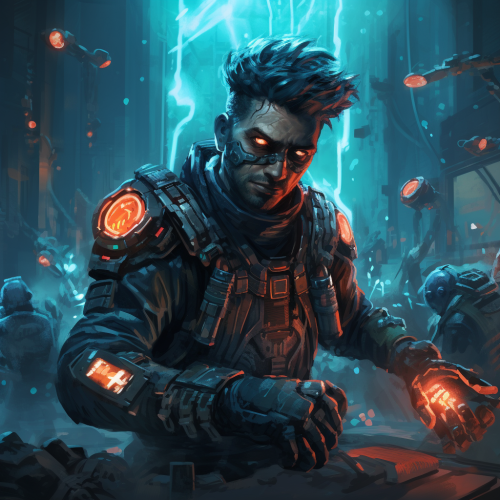 Futuristic mercenary battling zombie toasters in cyberpunk city