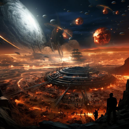 Futuristic dogfight battle on Saturn rings with explosions Futuristic dogfight battle on Saturn rings with explosions