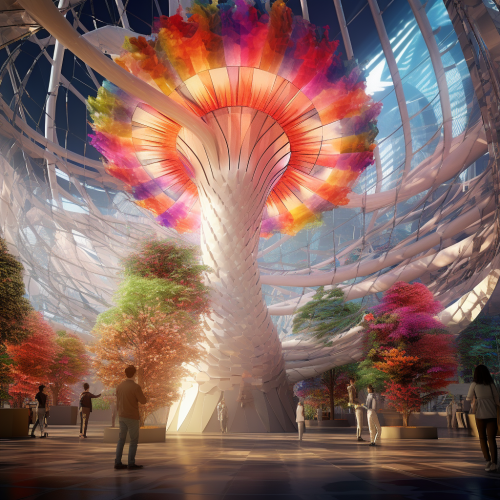 Futuristic rainbow windmill in colorful future city Futuristic rainbow windmill in colorful future city