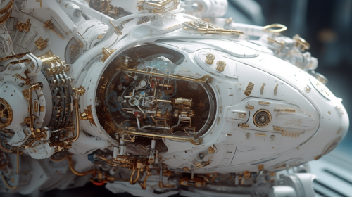 Futuristic starship with colorful gears and MEMS machines