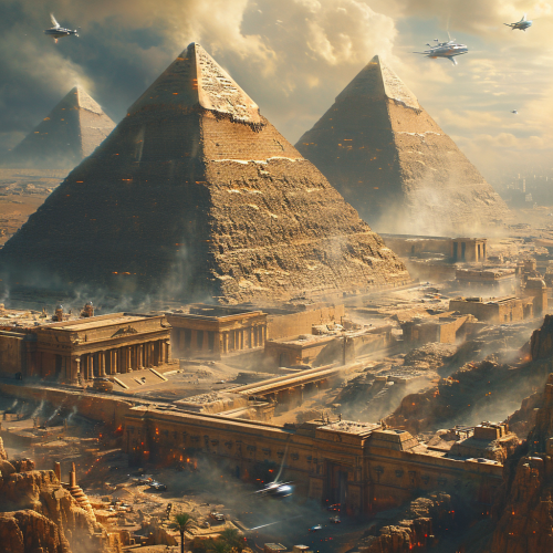 Futuristic view of pyramids with flying cars and holograms