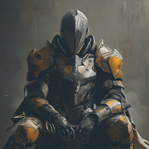 Futuristic warrior in heavy armor with gold skin