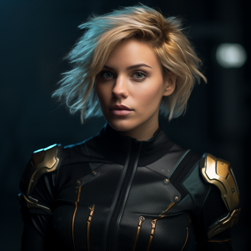 Futuristic Woman Portrayed in Black, Gold, and Blue Futuristic Woman Portrayed in Black, Gold, and Blue
