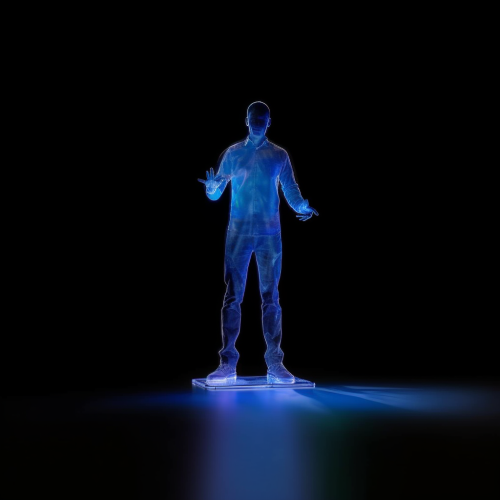 Translucent hologram of a man on a smartphone Translucent hologram of a man on a smartphone
