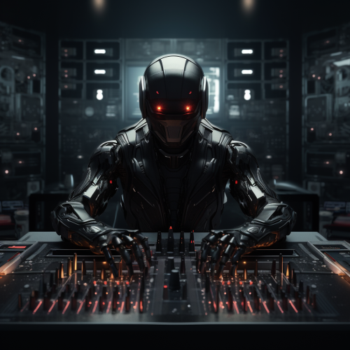 Futuristic robot tweaking knobs in music studio