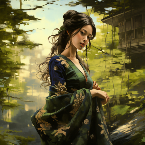 Geisha in green rural environment with trees and shrubs