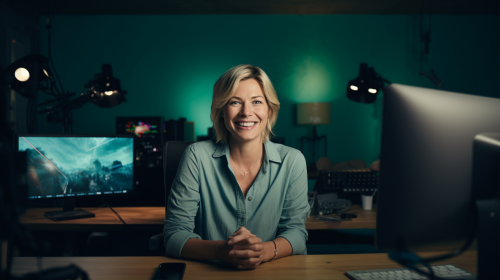 Happy German Woman Talking at Desk Happy German Woman Talking at Desk