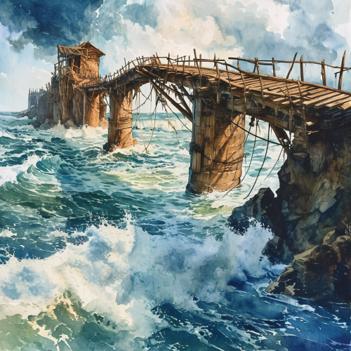 Illustration of a giant beaver dam on an ocean with a lookout bridge Illustration of a giant beaver dam on an ocean with a lookout bridge
