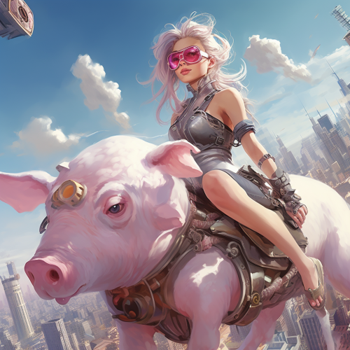 Girl riding cyborg pig in city