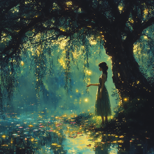 Girl standing under willow tree