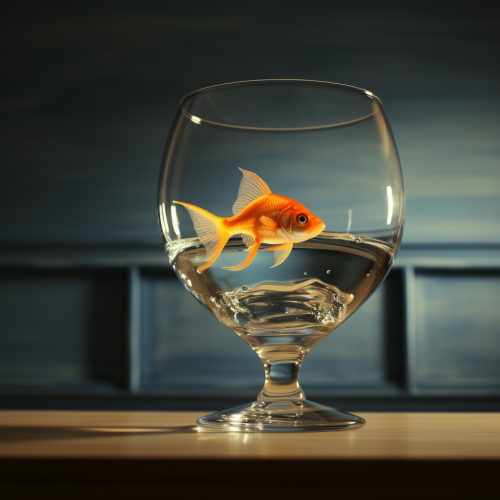 Glass water with canary and goldfish on table Glass water with canary and goldfish on table