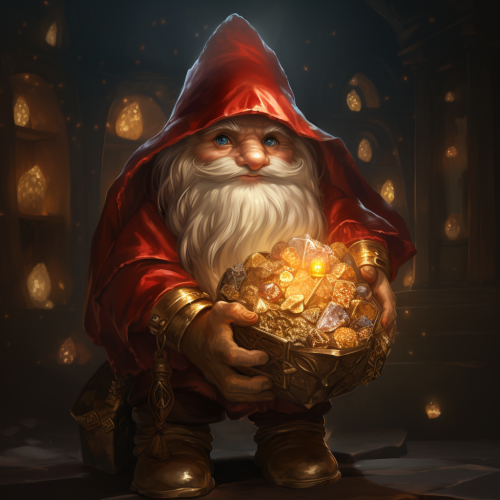 Gnome holding a bag of gold and precious stones