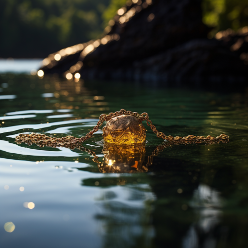 Glimmering gold necklace submerged in lake's depths Glimmering gold necklace submerged in lake's depths