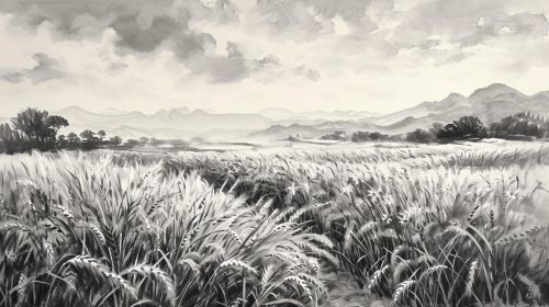 Chinese ink painting of golden wheat fields Chinese ink painting of golden wheat fields