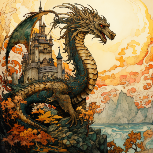 Gothic dragon on medieval tower in valley Gothic dragon on medieval tower in valley