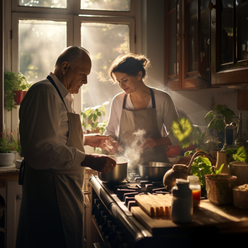 Grandparents cooking in kitchen with natural light Grandparents cooking in kitchen with natural light