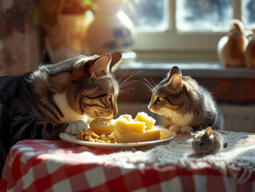 Grayscale cat and Hovawart eating on kitchen table Grayscale cat and Hovawart eating on kitchen table