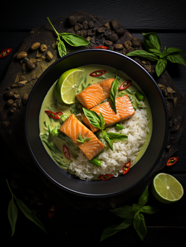 Green Curry with White Rice and Salmon in a Black Bowl