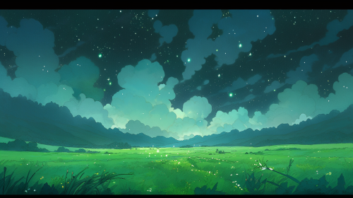 Green field with scattered clouds and stars Green field with scattered clouds and stars