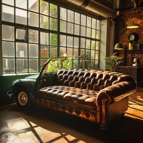 Stylish green vintage car in sunlit loft living room Stylish green vintage car in sunlit loft living room