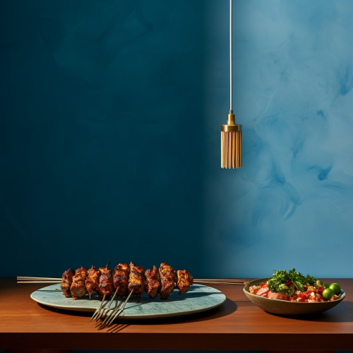 Grilled kebab on a blue table Grilled kebab on a blue table