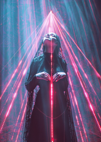 Cybernetic nun dancing with digital prayers