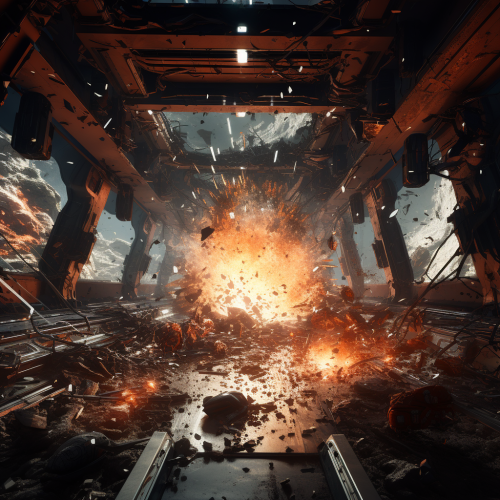 Chaotic aftermath of a gritty spaceship explosion