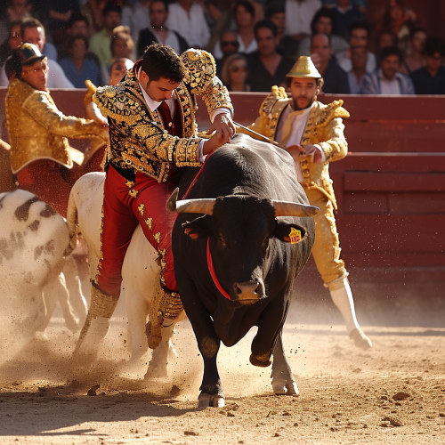 Matadors battling fierce bull in ring