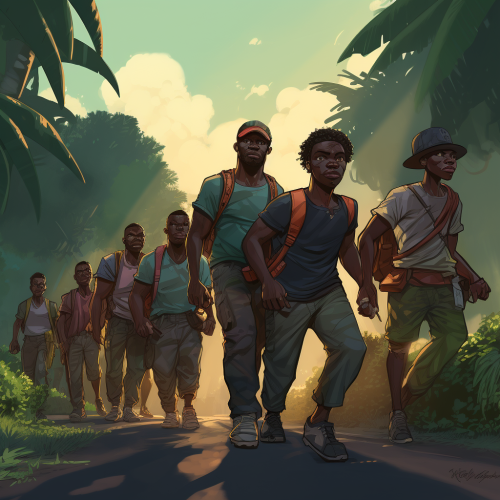 Cartoon of Guinean thugs on a small road