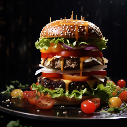 Tasty hamburger publicity reel with fresh tomato salad Tasty hamburger publicity reel with fresh tomato salad