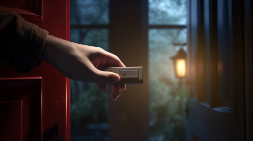 Hand pressing doorbell outside house Hand pressing doorbell outside house