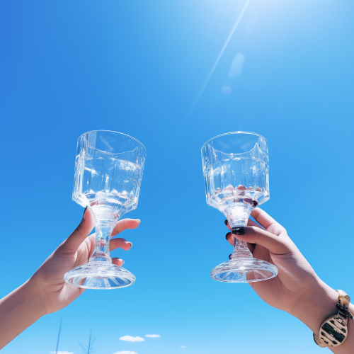 Hands holding champagne glasses against blue sky