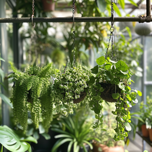 Beautiful hanging plants on metal rod in summer garden Beautiful hanging plants on metal rod in summer garden