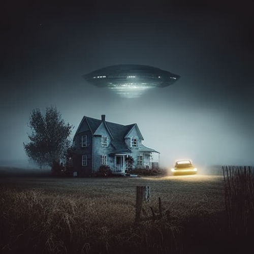 Mysterious haunted farmhouse in the cornfield at night