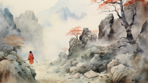 Ancient Chinese style warrior on a mountain path
