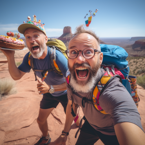 Two men hiking Grand Canyon with birthday hats
