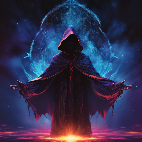 Hooded celestial being creating universe synthwave Hooded celestial being creating universe synthwave