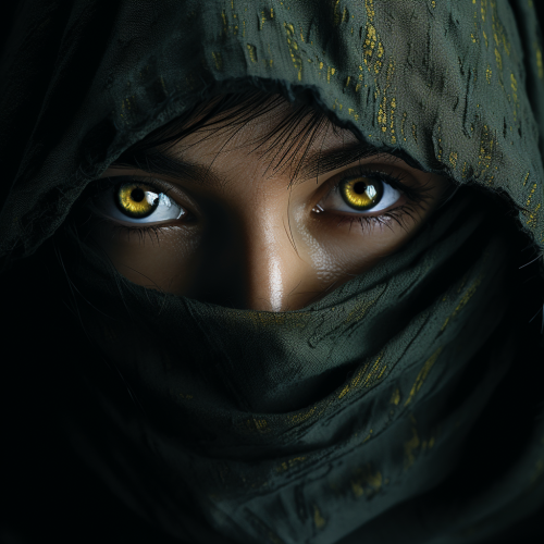 A person with a dark hood and bright green eyes A person with a dark hood and bright green eyes