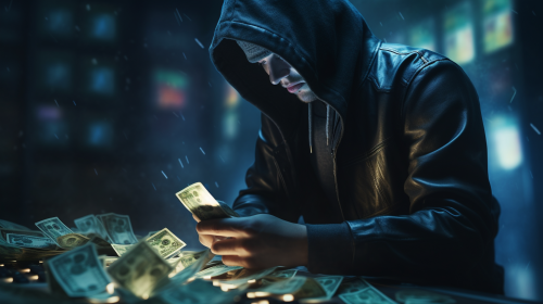 Hooded Hacker with Smartphone Controlling Money