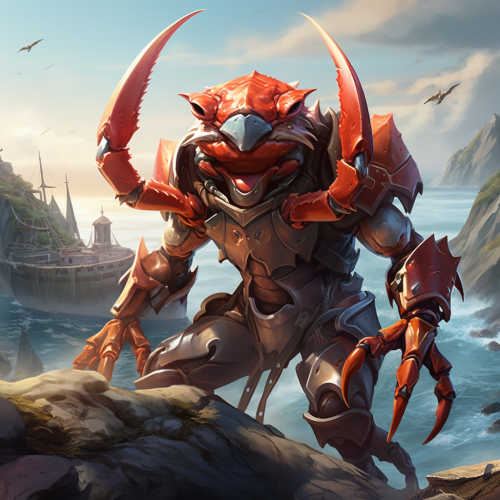 Human crab pirate on rocky islands fantasy illustration