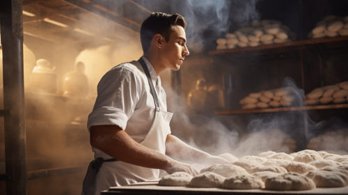 Baker adjusting dough in humid atmosphere