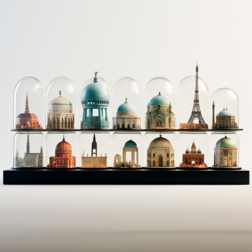 Iconic monuments in transparent domes on grid Iconic monuments in transparent domes on grid