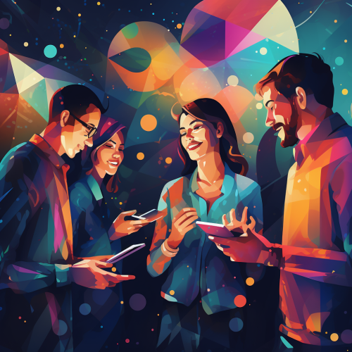 Group of people collaborating at tech networking event  ? Group of people collaborating at tech networking event  ?