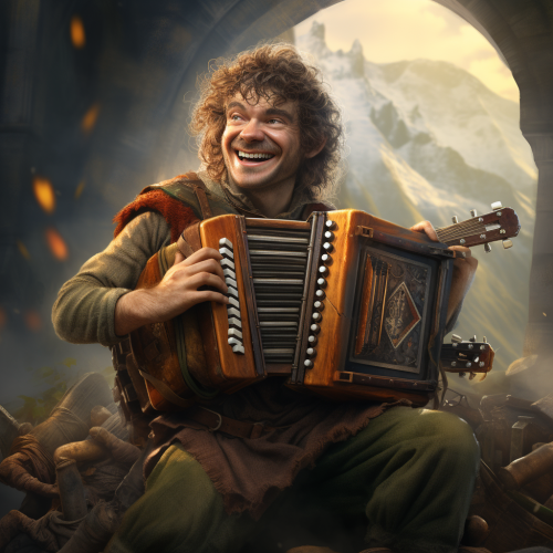 Insane hobbit playing concertina